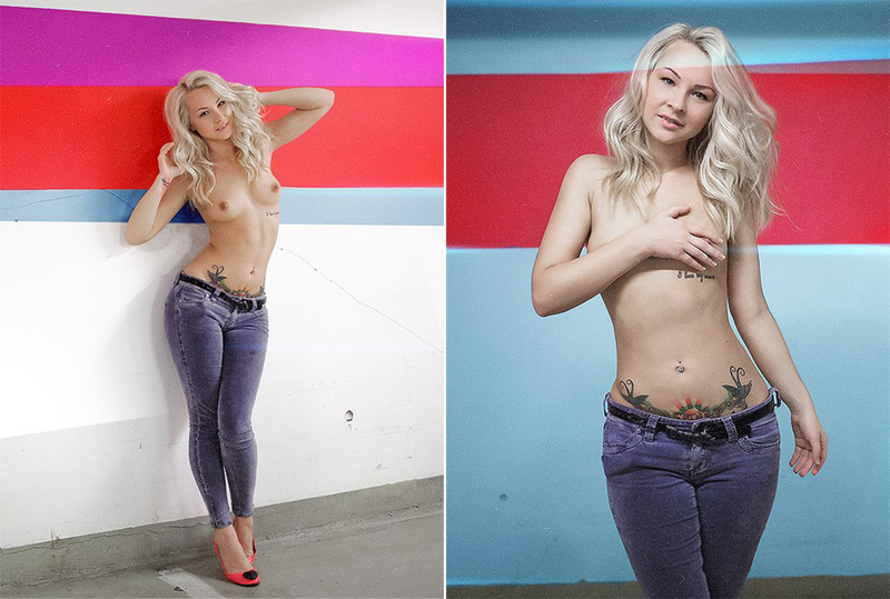Татуированная блондинка в джинсах и с голой грудью стоит у стены 13 фото